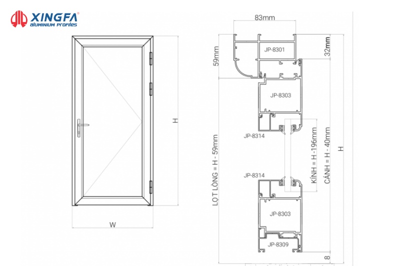 Cách trừ cửa đi 1 cánh hệ 55