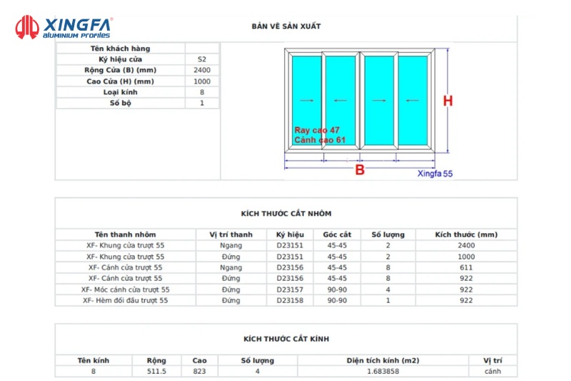 công thức trừ cửa lùa 4 cánh hệ 55
