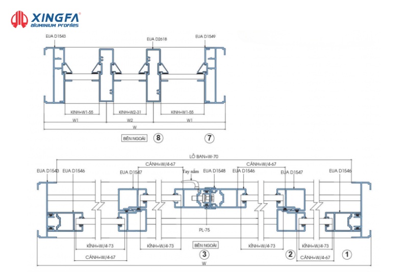 Công thức trừ cửa lùa hệ 55 vát cạnh