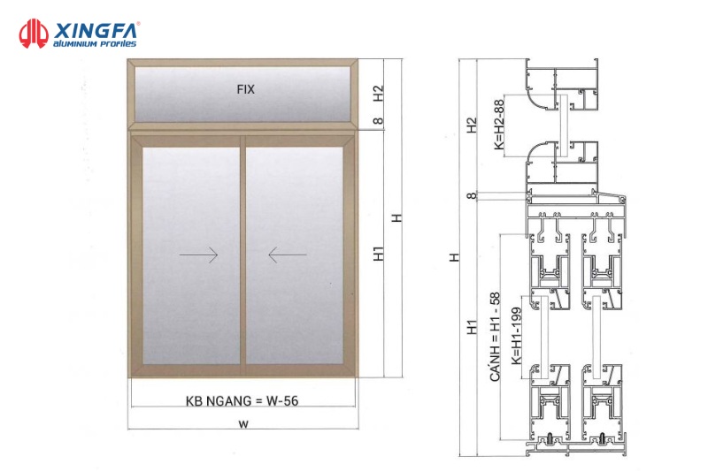 cửa sổ lùa 2 cánh hệ 55